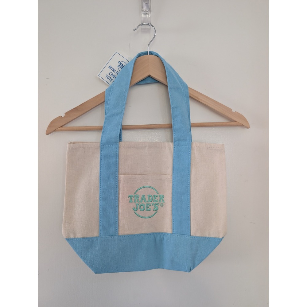 Trader Joe's Mini Pastel Canvas Tote Bag Light Blue Cream Embroidered Logo NWT